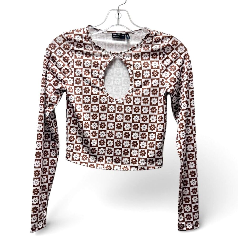 ASOS Design Checkerboard Daisy MOD Stretch Keyhole Long Sleeve Crop Top Size 4